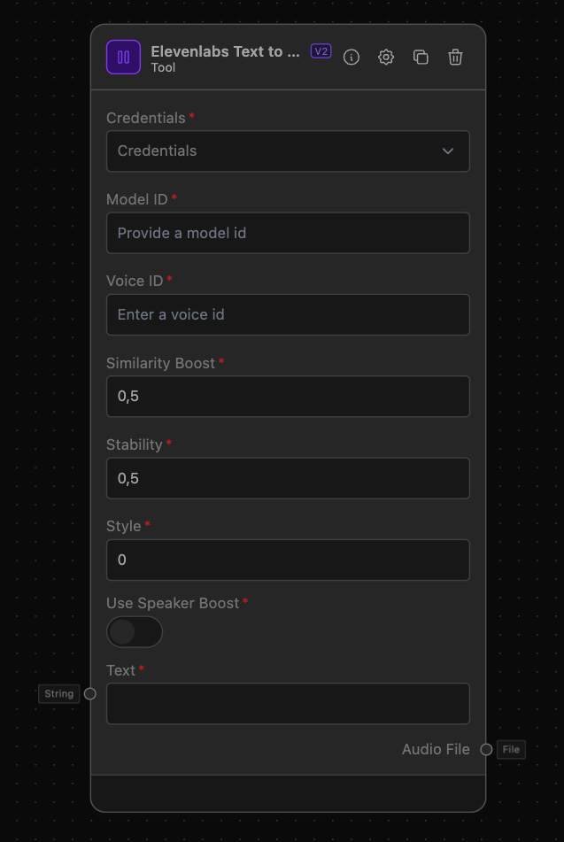 The image shows a user interface for 'Elevenlabs Text to Speech' tool. It includes fields for 'Credentials', 'Model ID', 'Voice ID', 'Similarity Boost', 'Stability', 'Style', and 'Text'. There is a toggle for 'Use Speaker Boost' and a button labeled 'Audio File'. The interface has a dark background.