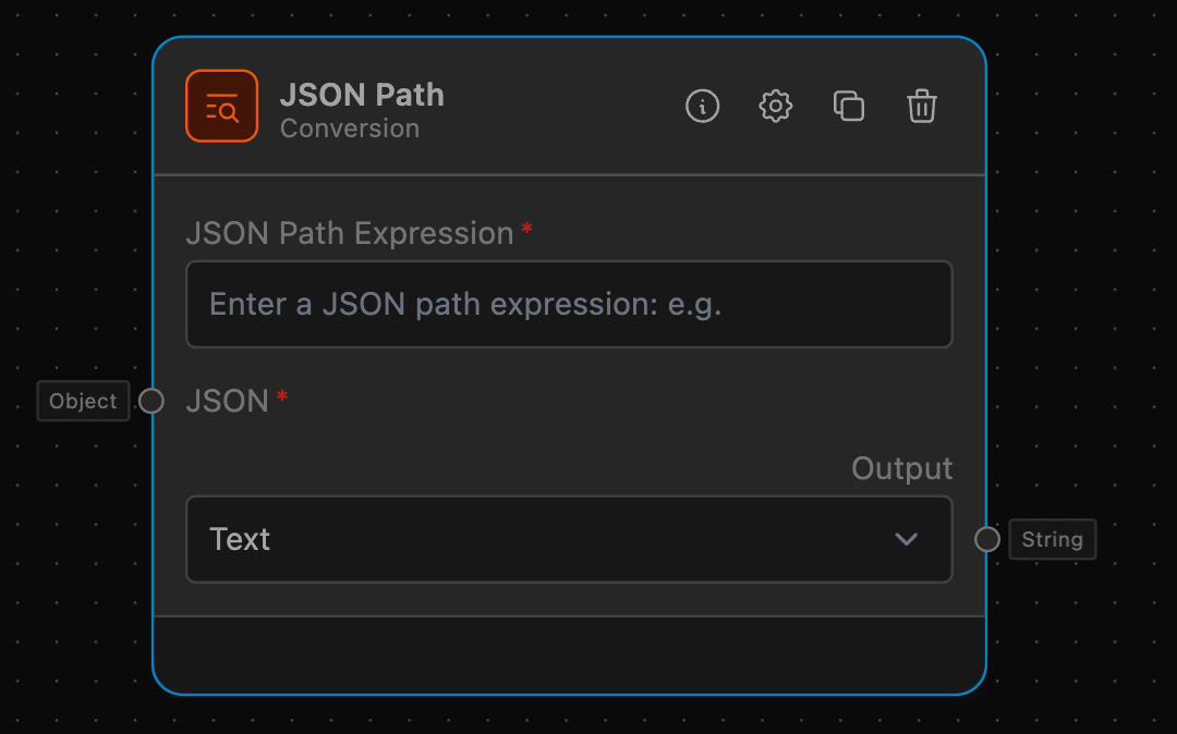  A user interface labeled 'JSON Path Conversion' with fields for 'JSON Path Expression' and 'JSON'. The 'JSON Path Expression' field is empty, prompting 'Enter a JSON path expression: e.g.' Below is a section labeled 'Output' with a dropdown labeled 'Text'. There are icons for settings and info.