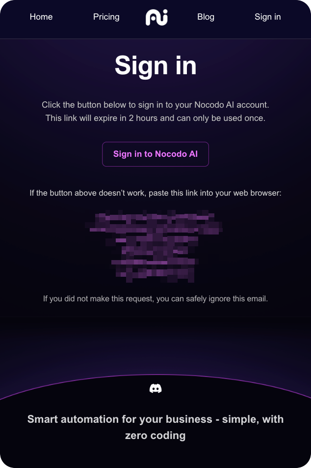 Screenshot of the email containing the magic link to sign up, with a purple button to complete the signup