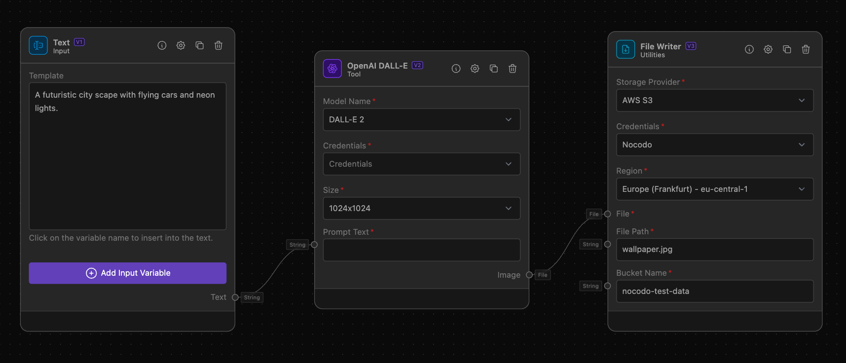 Workflow graph showing the connection of Text input to OpenAI DALL-E and File Writer