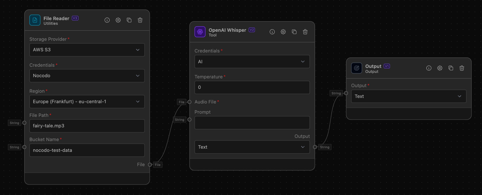 A flowchart with three modules connected by arrows. The first module, 'File Reader', shows settings for AWS S3, region set to Frankfurt, and file path 'fairy-tale.mp3'. The second, 'OpenAI Whisper', indicates audio file input and output as text. The third, 'Output', displays the output format as text.