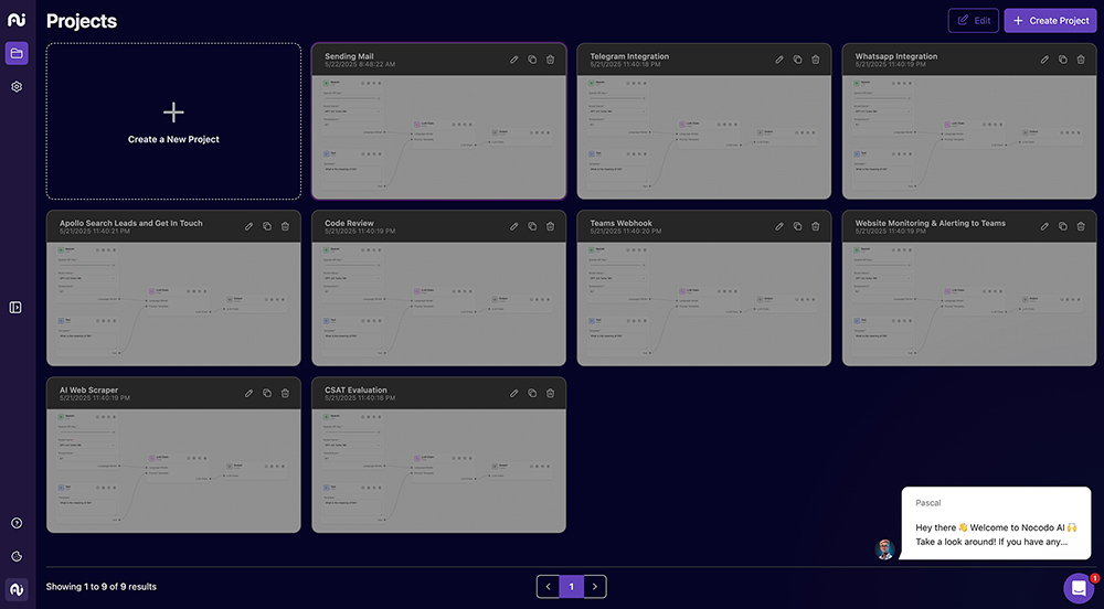 Screenshot of the project dashboard containing one tile which says create project and another tile which already shows a project
