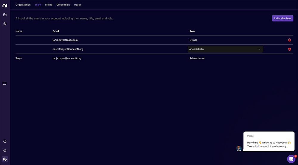 Screenshot of team section, which shows 3 team members and a purple button in the upper left corner to invite new team members